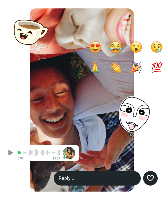 two friends laughing with whatspp status features such as voice notes stickers and gifs being shown 