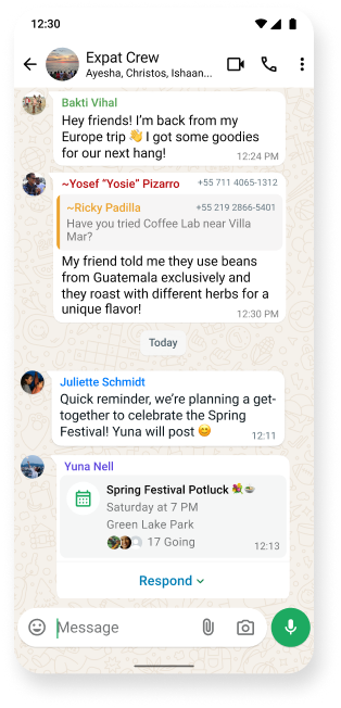 whatsapp group chat screenshot for event planning, featuring organized conversation with text messages highlighting the app's collaborative features for coordinating gatherings and meetups
