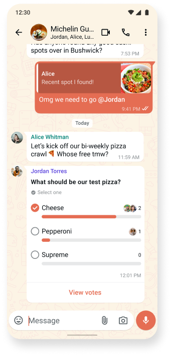 whatsapp chat thread screenshot discussing delicious food and interactive poll, showcasing the app's chat themes