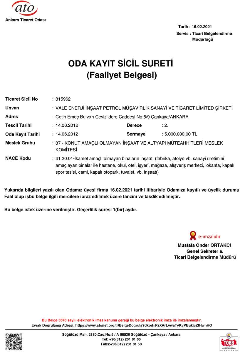 ATO - Oda Kayıt - Faaliyet Belgesi